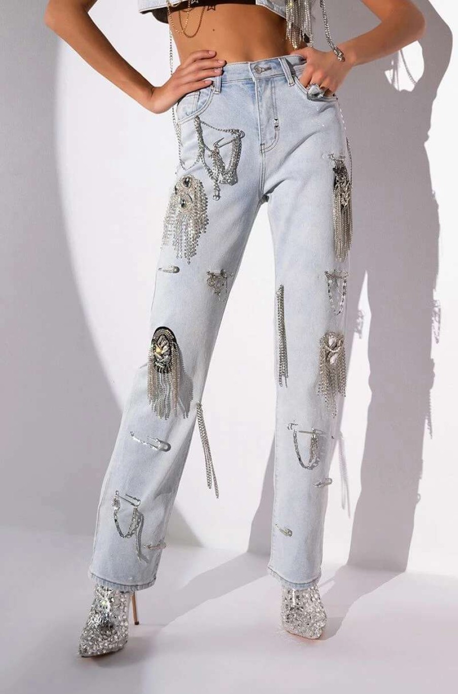 Denim * | Houdini Embellished Wide Leg Jean Light Blue