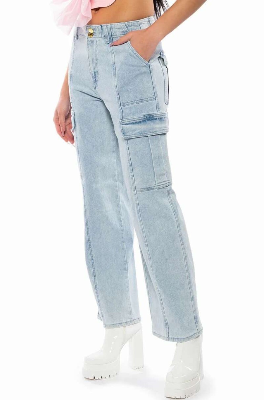 Denim * | Eliza Denim Cargo Pant Light Blue Denim