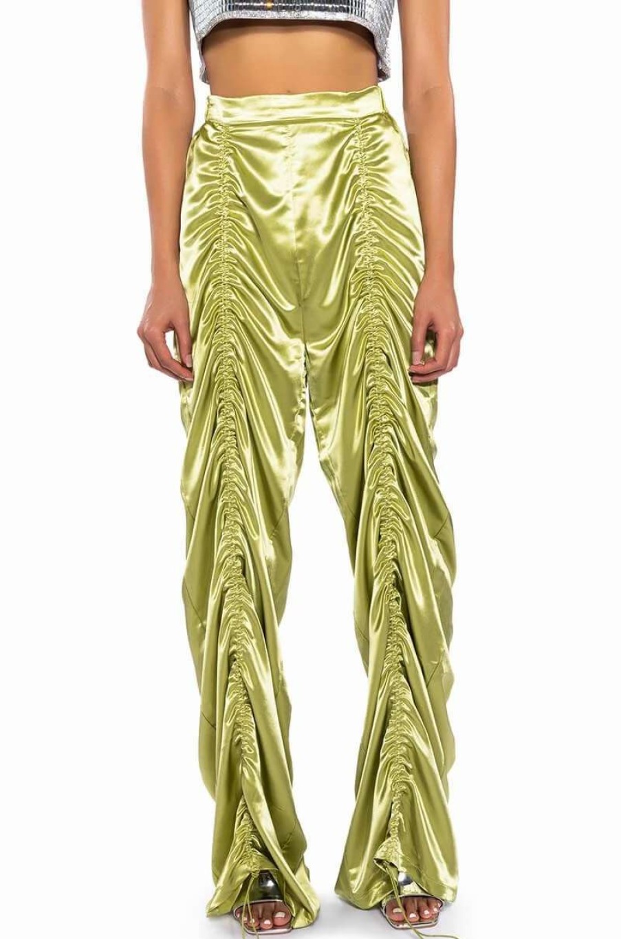 Pants * | Never Regular Cinched Satin High Rise Pants Green