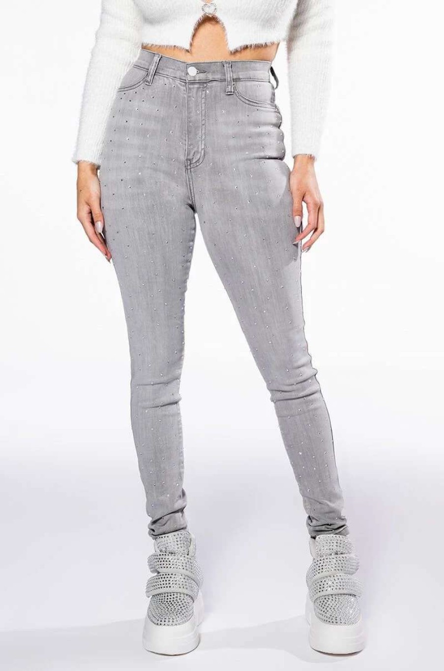 Denim * | Extreme Stretch High Waisted Skinny Jeans With Rhinestones Grey