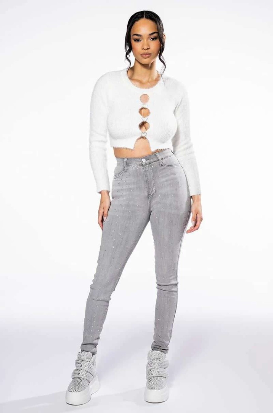 Denim * | Extreme Stretch High Waisted Skinny Jeans With Rhinestones Grey