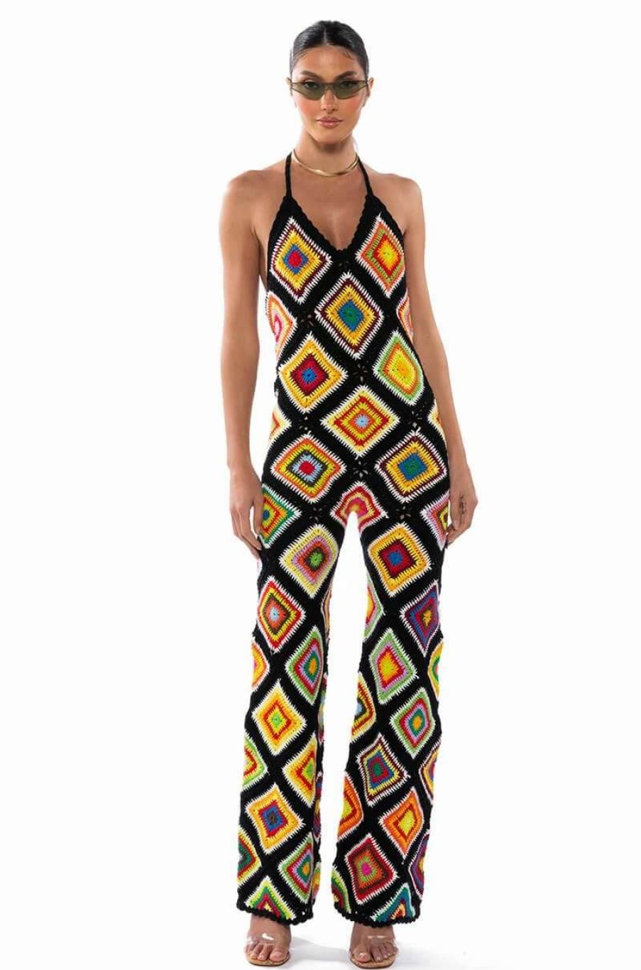 Rompers & Jumpsuits * | The Way You Groove Crochet Halter Jumpsuit Black Multi