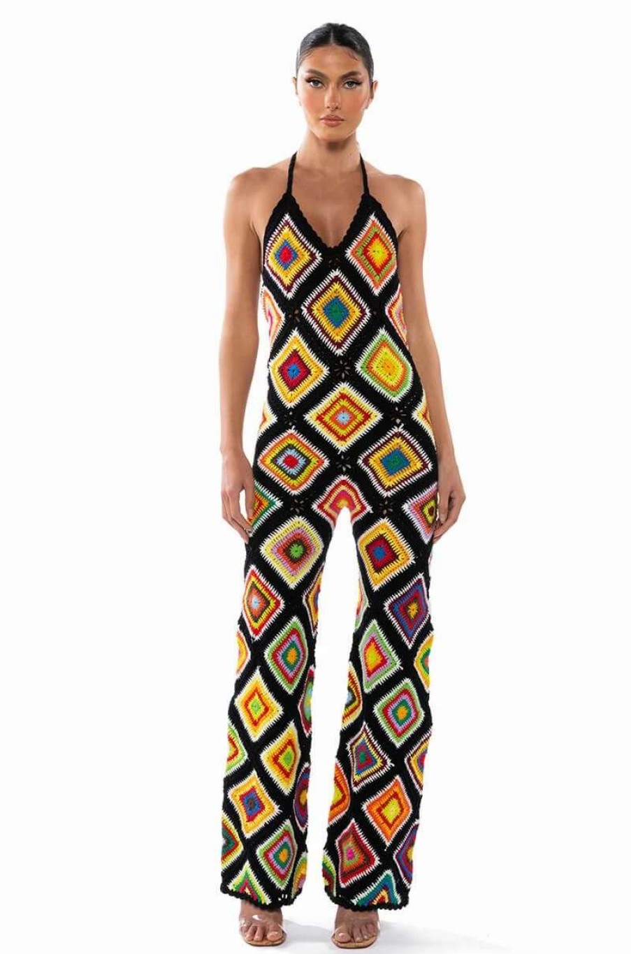 Rompers & Jumpsuits * | The Way You Groove Crochet Halter Jumpsuit Black Multi