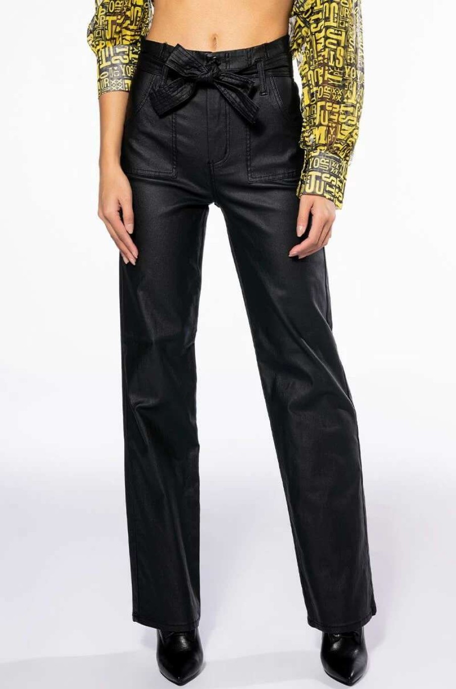 Pants * | Le Chic Coated Paperbag Waist Straight Leg Pant Black