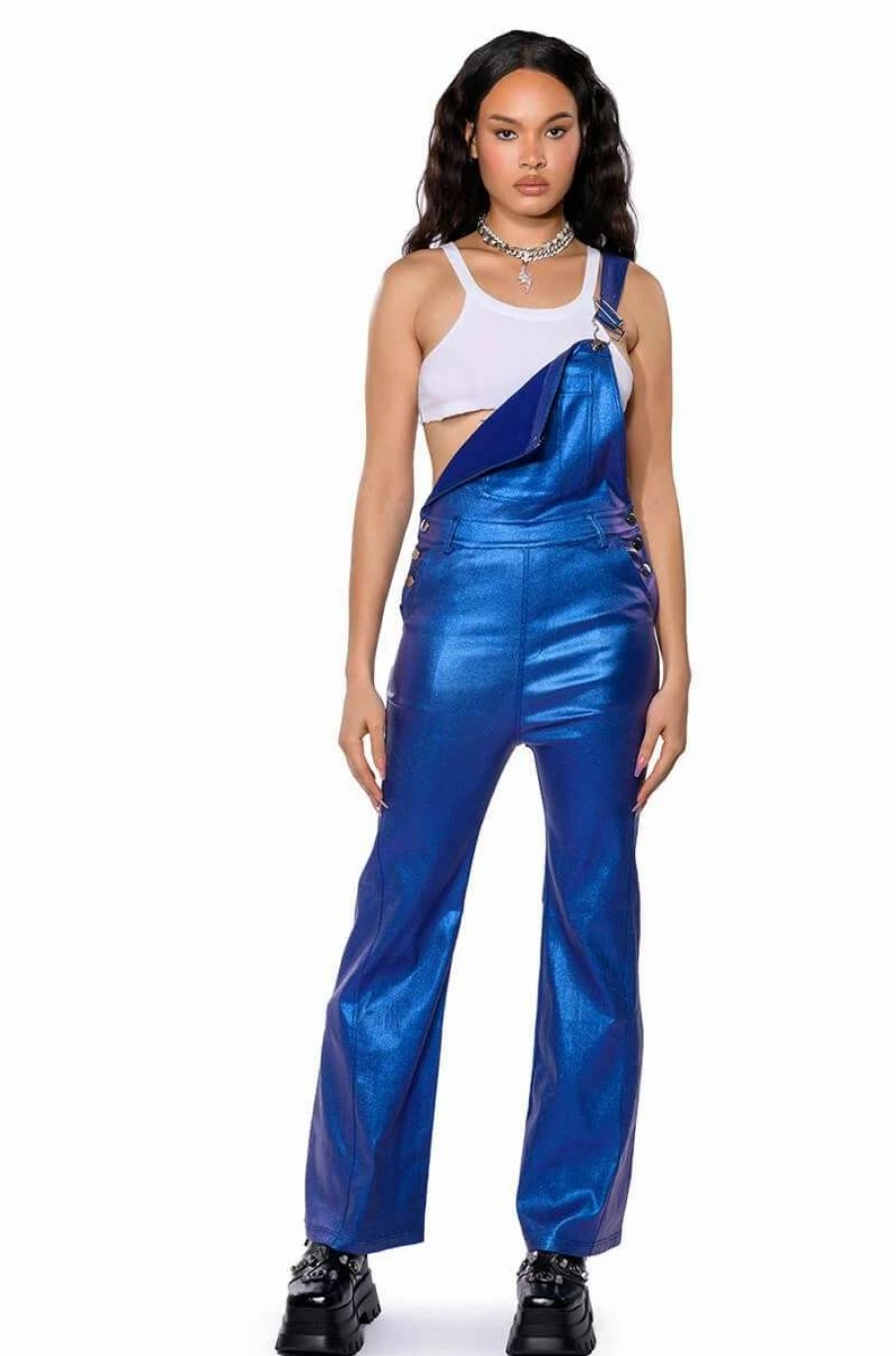 Rompers & Jumpsuits * | Stay Wavy Metallic Overalls Blue