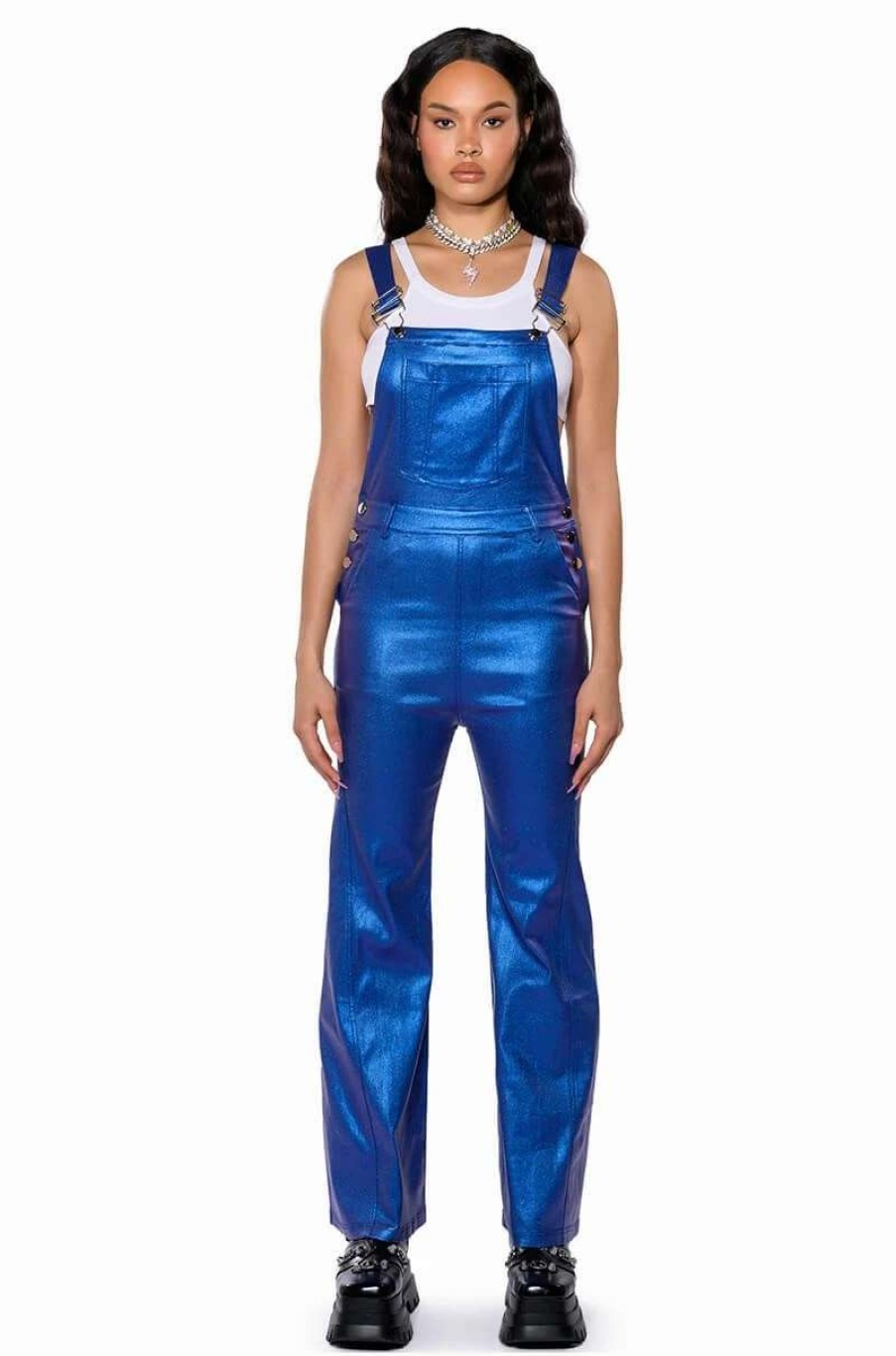 Rompers & Jumpsuits * | Stay Wavy Metallic Overalls Blue