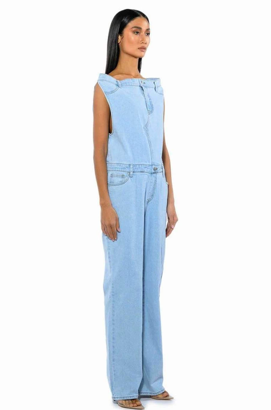 Rompers & Jumpsuits * | Sunday Strollin Denim Jumpsuit Light Blue