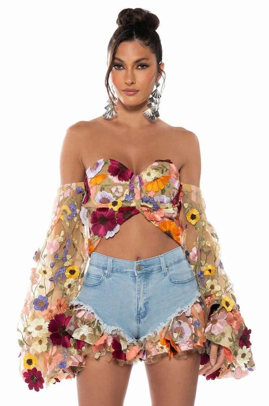 Two Piece Sets * | Botanical Beauty Cropped Sheer Sleeve Top Nude