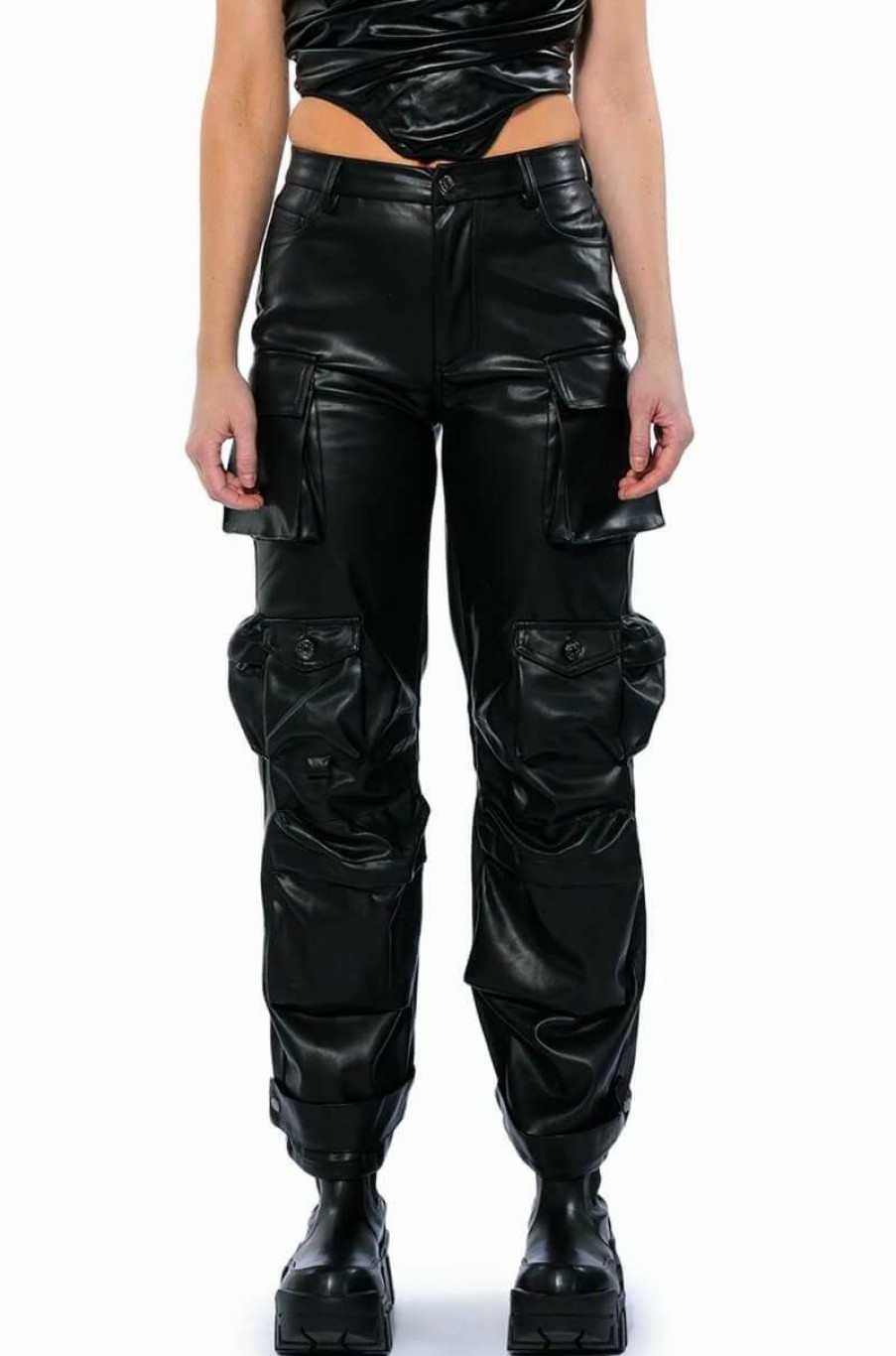 Pants * | Bonne Soiree Cargo Faux Leather Pants Black