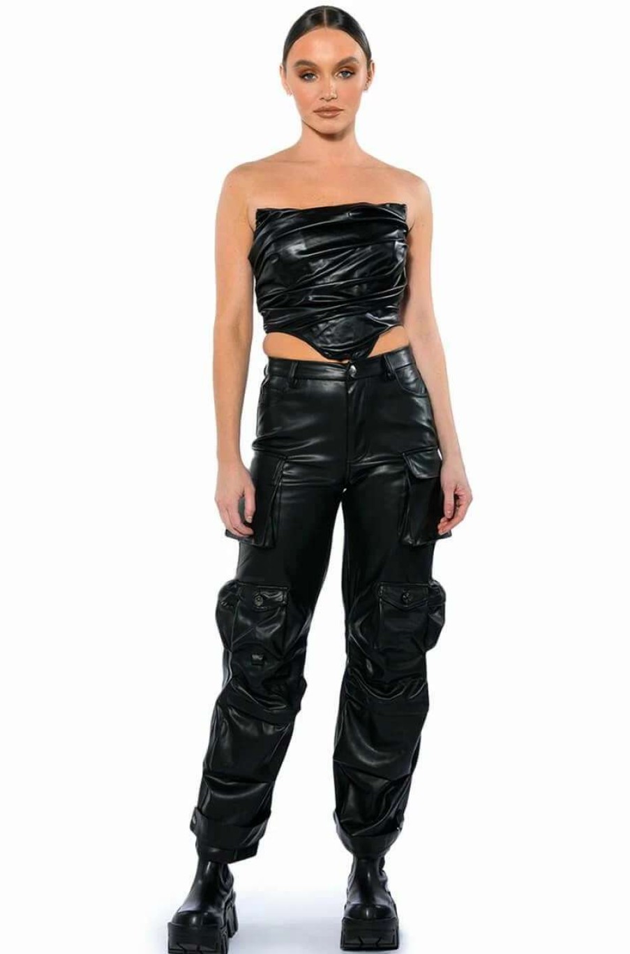 Pants * | Bonne Soiree Cargo Faux Leather Pants Black