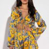 Rompers & Jumpsuits * | Admit It Long Sleeve Printed Romper With Cut Out Yellow Multi