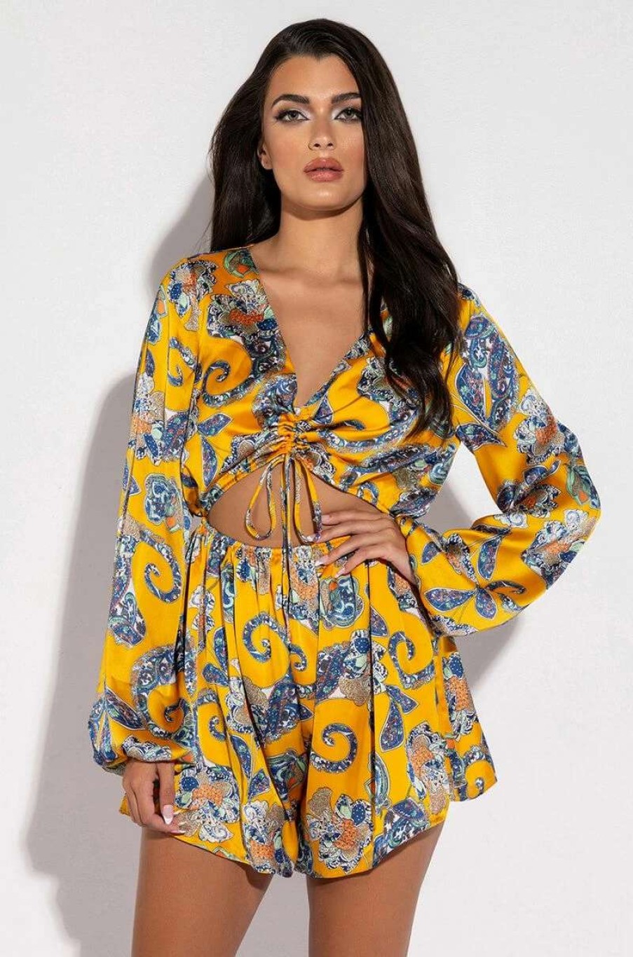 Rompers & Jumpsuits * | Admit It Long Sleeve Printed Romper With Cut Out Yellow Multi