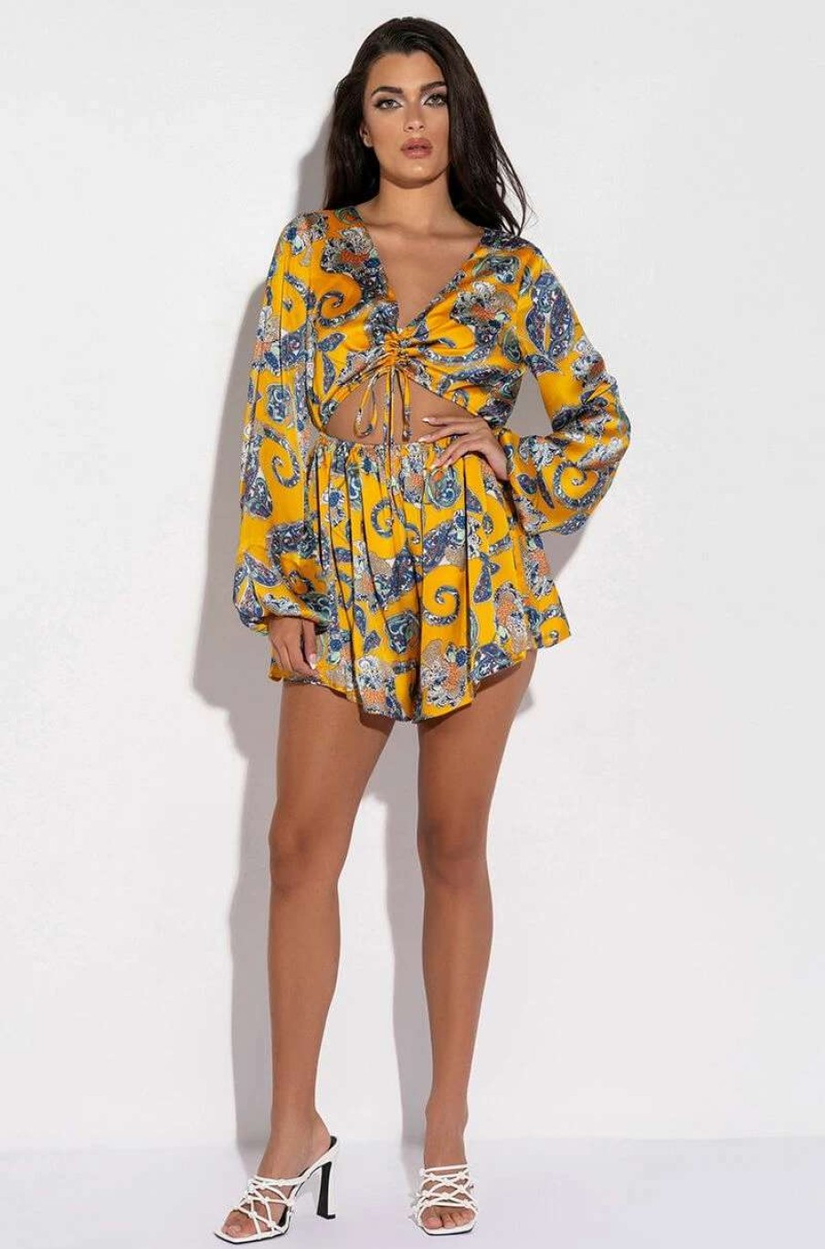 Rompers & Jumpsuits * | Admit It Long Sleeve Printed Romper With Cut Out Yellow Multi