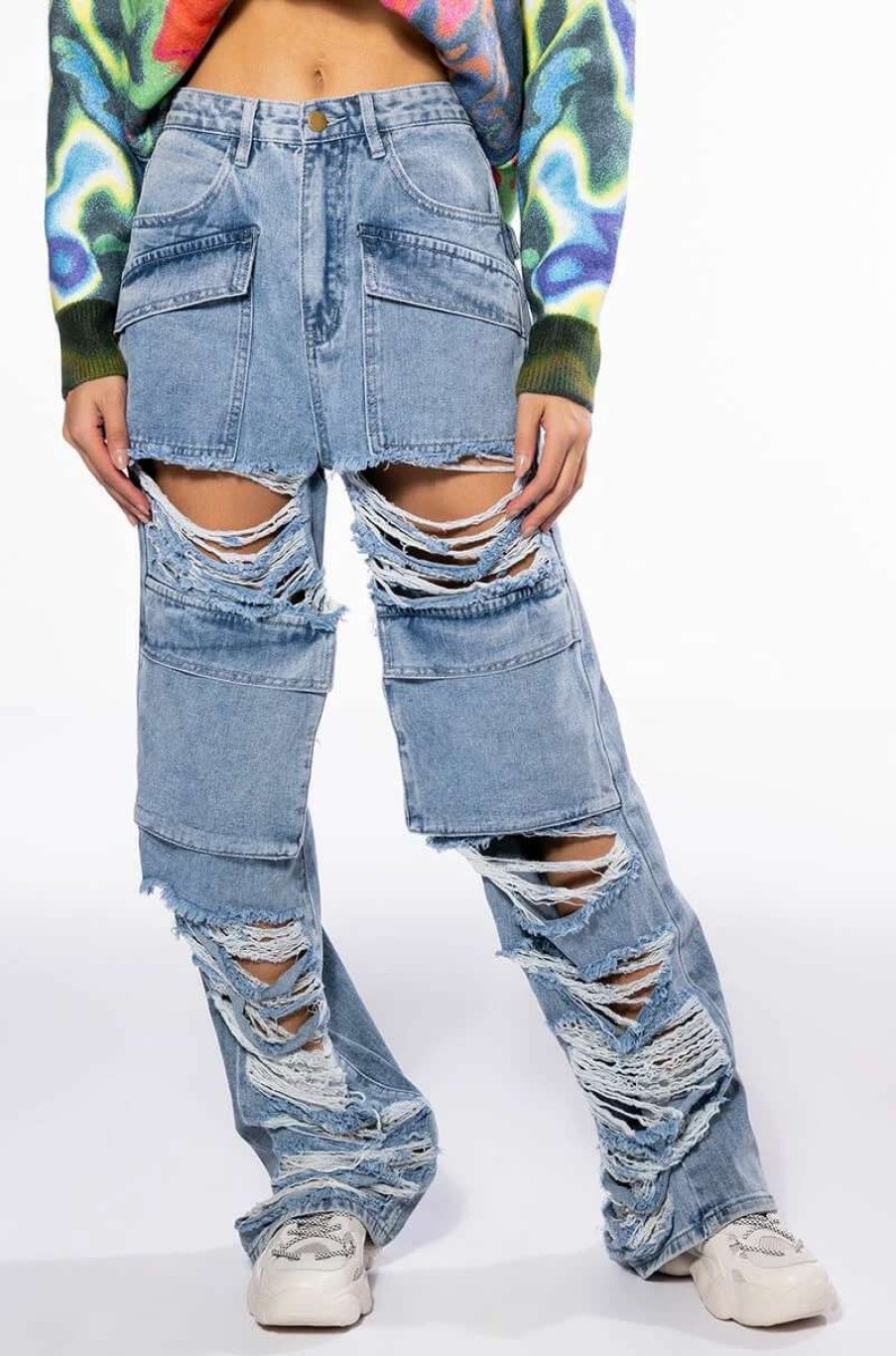 Denim * | Never Stressed Distressed Relaxed Fit Jeans Light Blue Denim