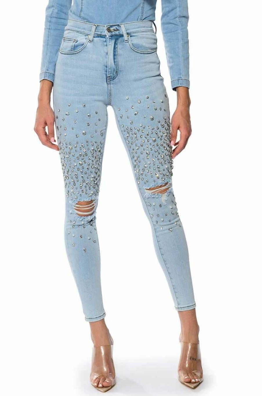 Denim * | Outta This World Distressed Rhinestone High Rise Skinny Jeans Light Blue Denim