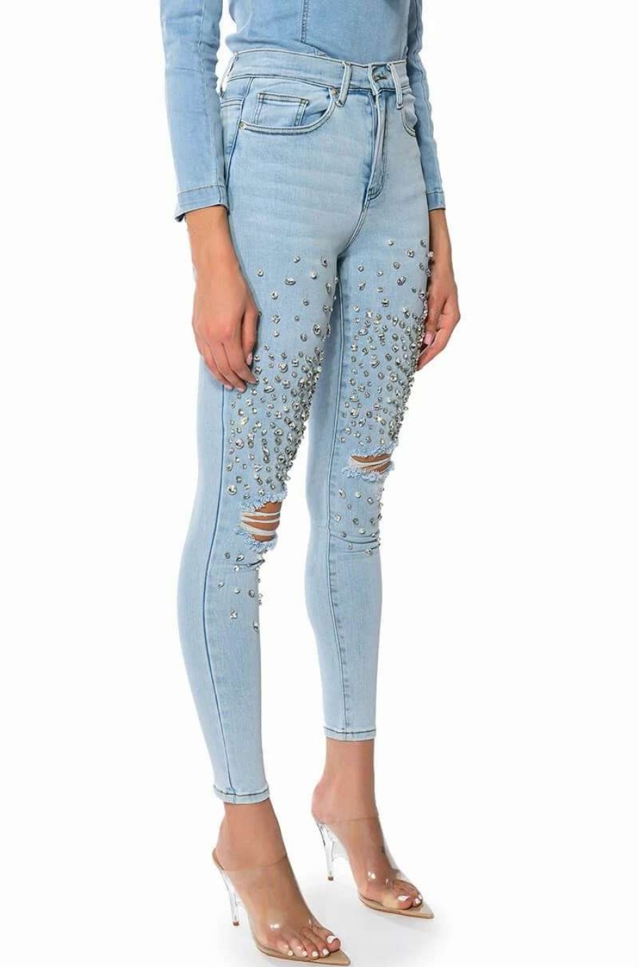 Denim * | Outta This World Distressed Rhinestone High Rise Skinny Jeans Light Blue Denim