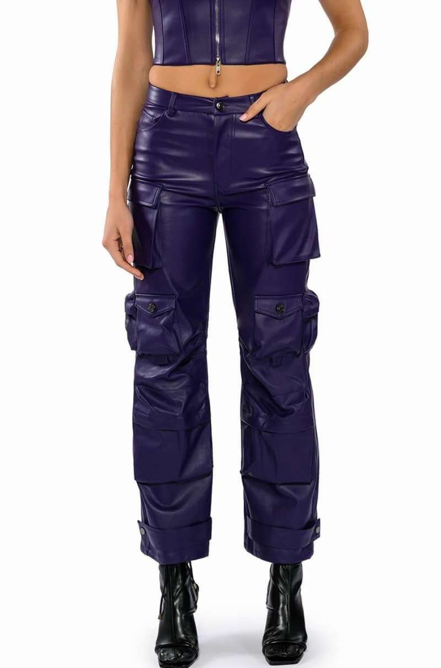 Pants * | Bonne Soiree Cargo Faux Leather Pants Purple