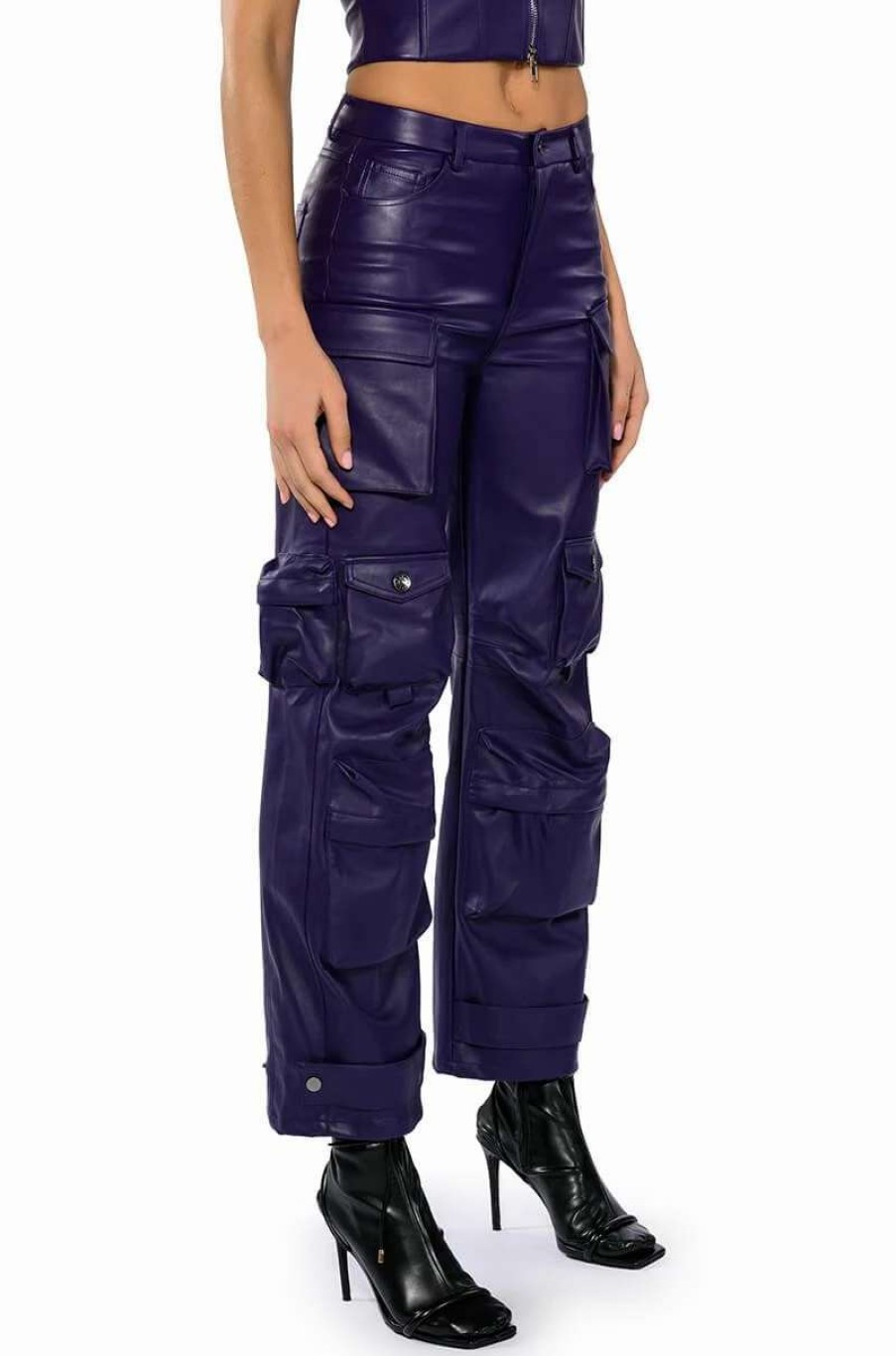 Pants * | Bonne Soiree Cargo Faux Leather Pants Purple