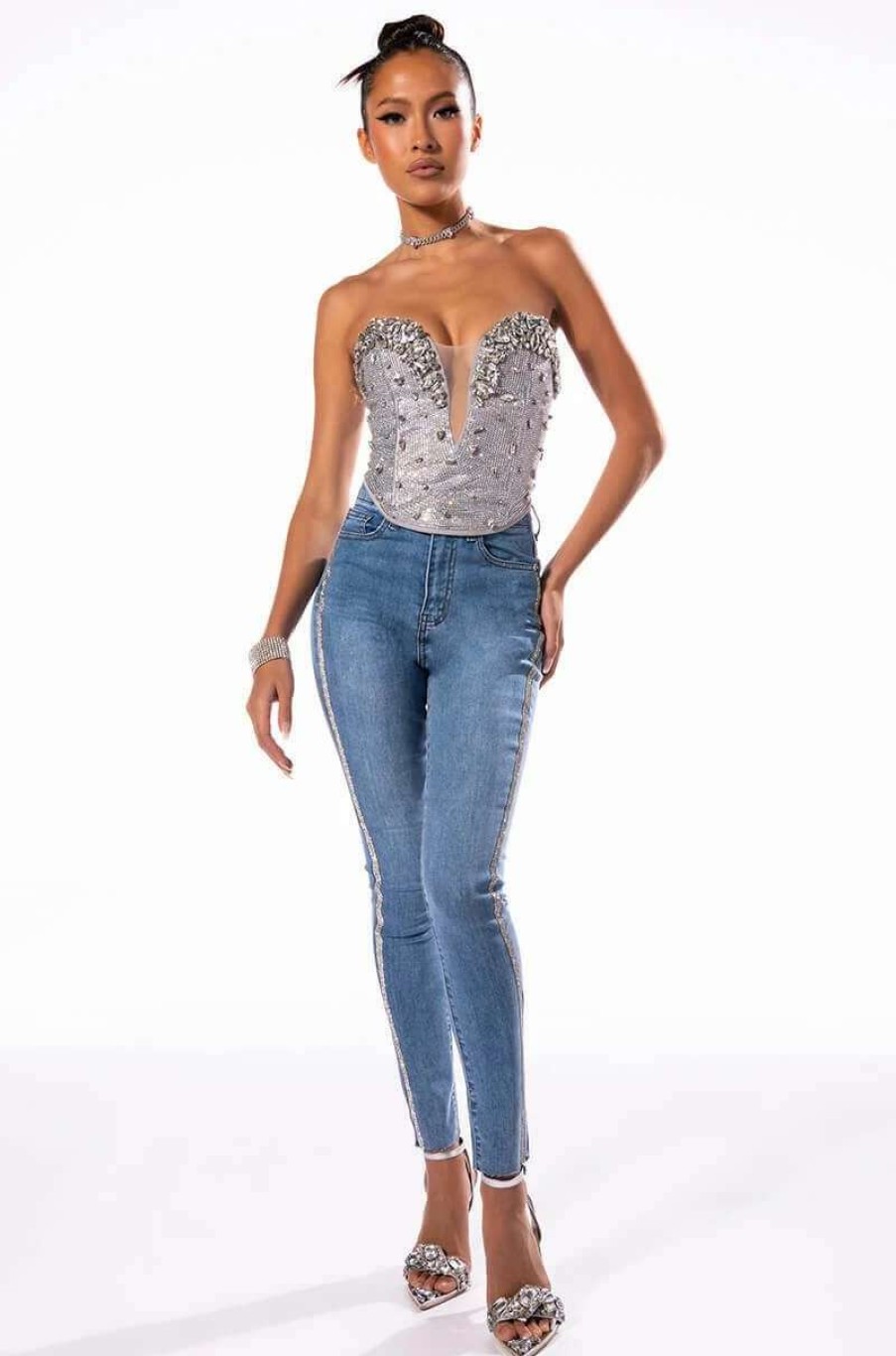 Denim * | Life Like This Rhinestone Stripe Skinny Jeans Light Denim