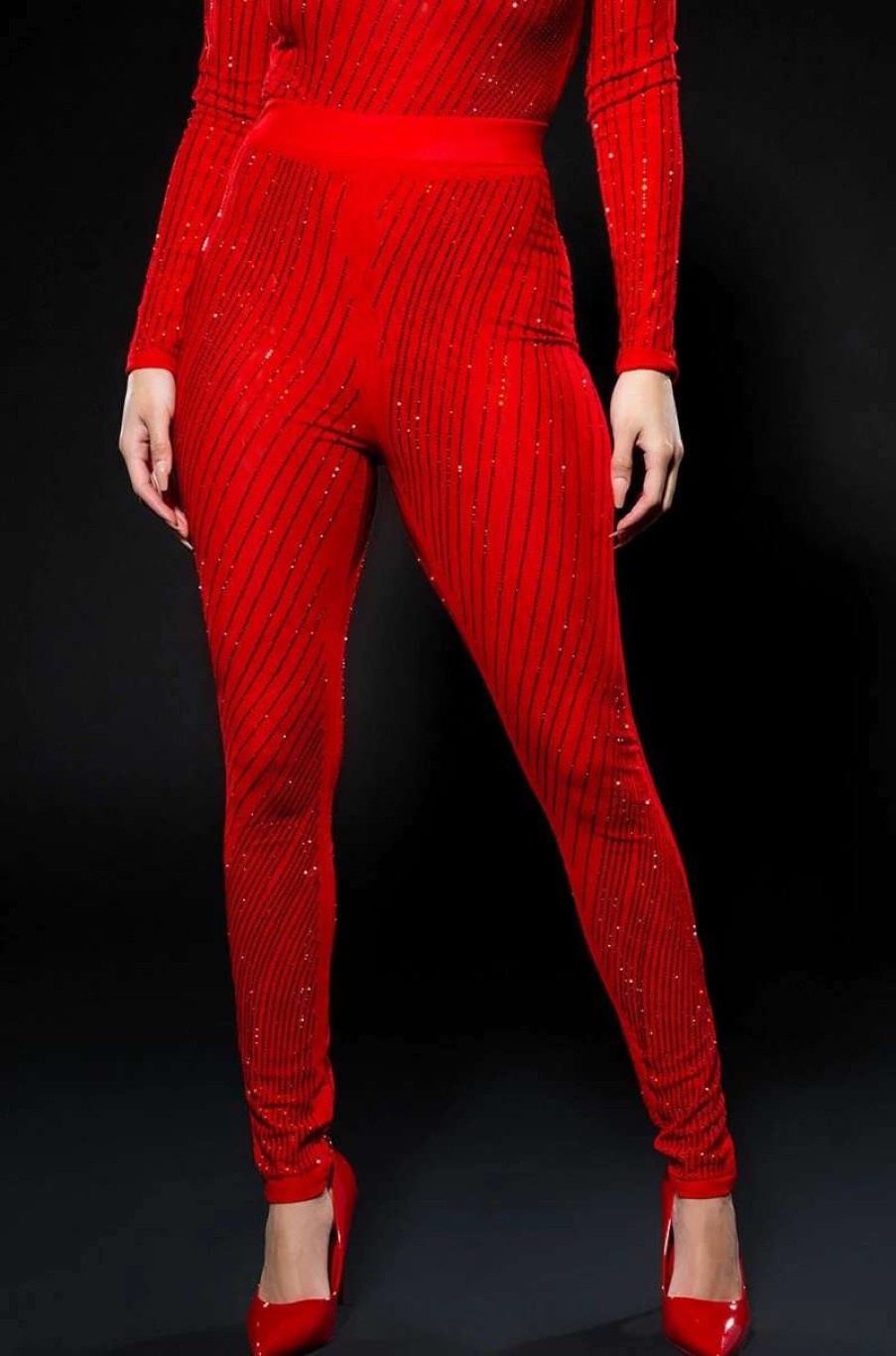 Two Piece Sets * | Queen Of Love Rhinestone Legging Red