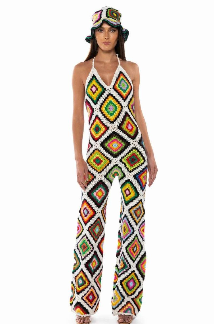 Rompers & Jumpsuits * | The Way You Groove Crochet Halter Jumpsuit In White Multi