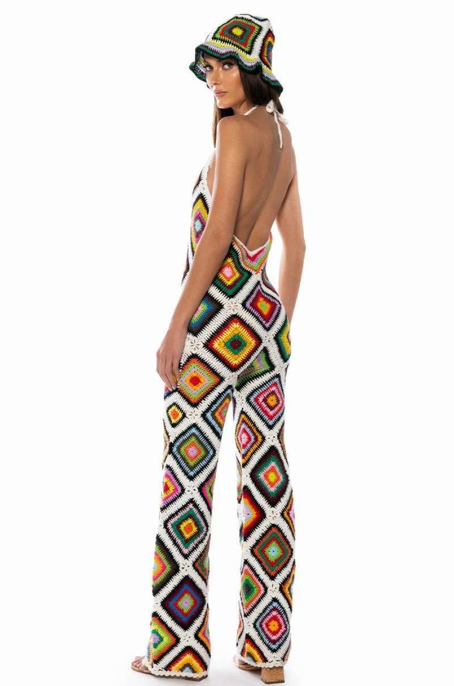 Rompers & Jumpsuits * | The Way You Groove Crochet Halter Jumpsuit In White Multi