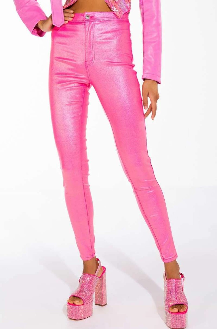 Denim * | Born To Shine Metallic Skinny Pants In Pink