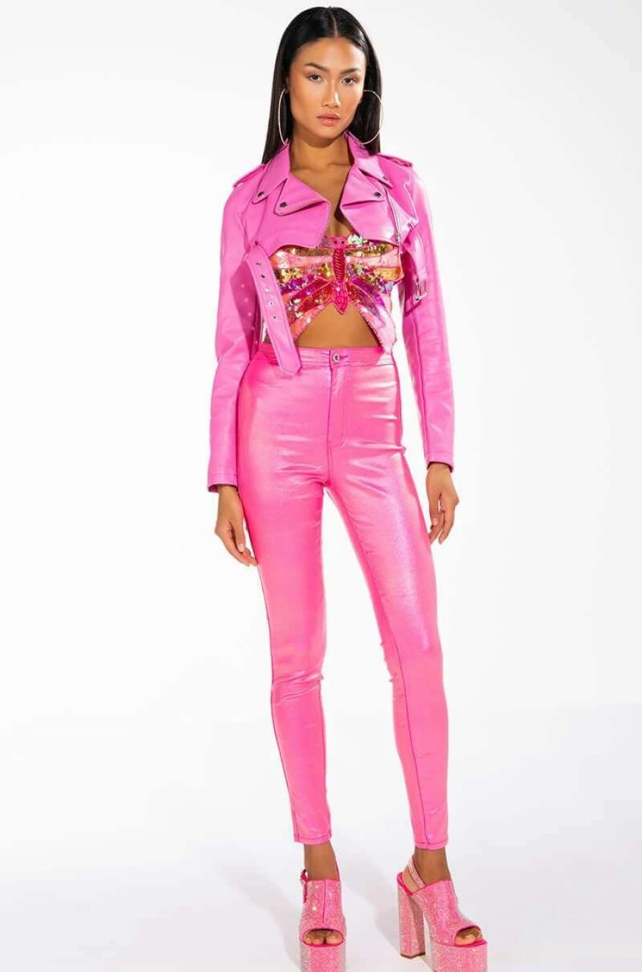 Denim * | Born To Shine Metallic Skinny Pants In Pink