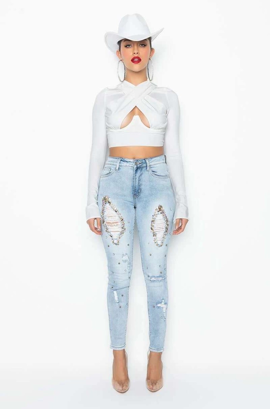 Denim * | Glamour Rhinestone Skinny Jeans Light Blue Denim