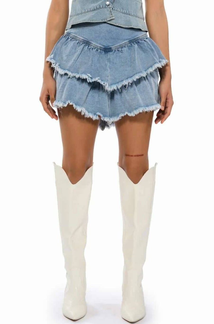 Denim * | Que Bailes Con Migo Denim Layered Mini Skirt Light Blue Denim