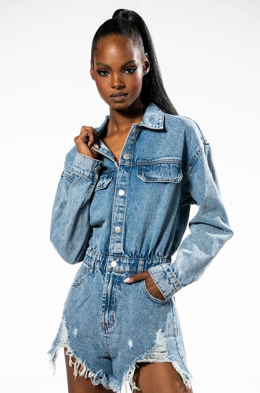 Rompers & Jumpsuits * | On A Roll Denim Long Sleeve Romper Medium Blue Denim