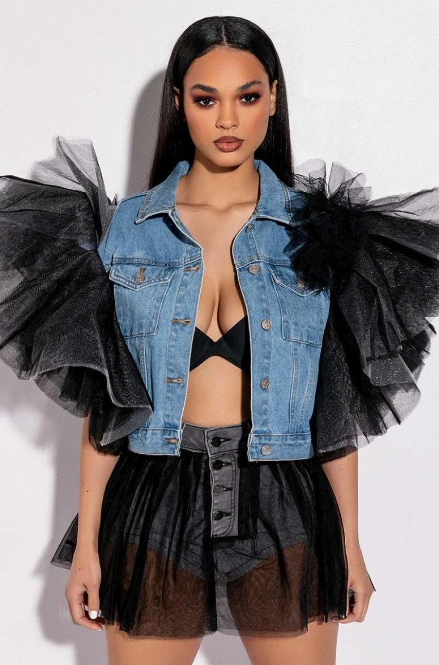 Denim * | How Soon Is Now Tulle Denim Shorts