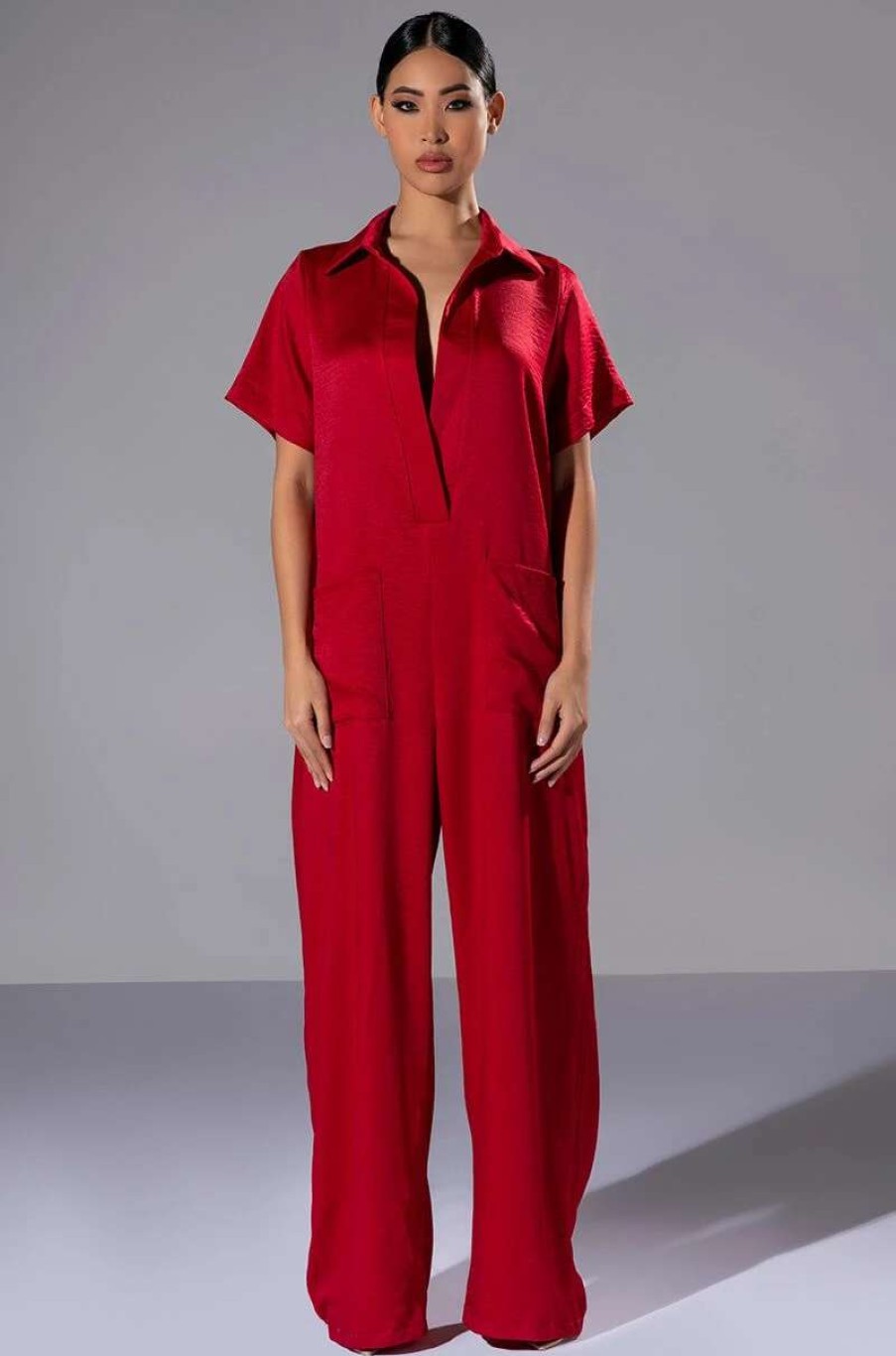 Rompers & Jumpsuits * | Silent Dreamer Short Sleeve Satin Jumpsuit Red