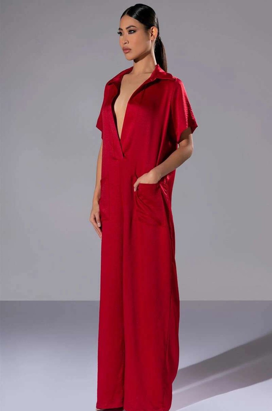 Rompers & Jumpsuits * | Silent Dreamer Short Sleeve Satin Jumpsuit Red