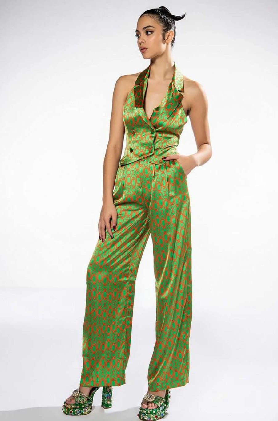 Two Piece Sets * | Minding My Own Wide Leg Pant Green Multi