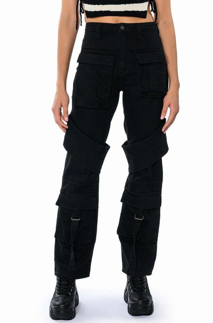 Denim * | Too Cool Cargo High Waisted Jeans Black