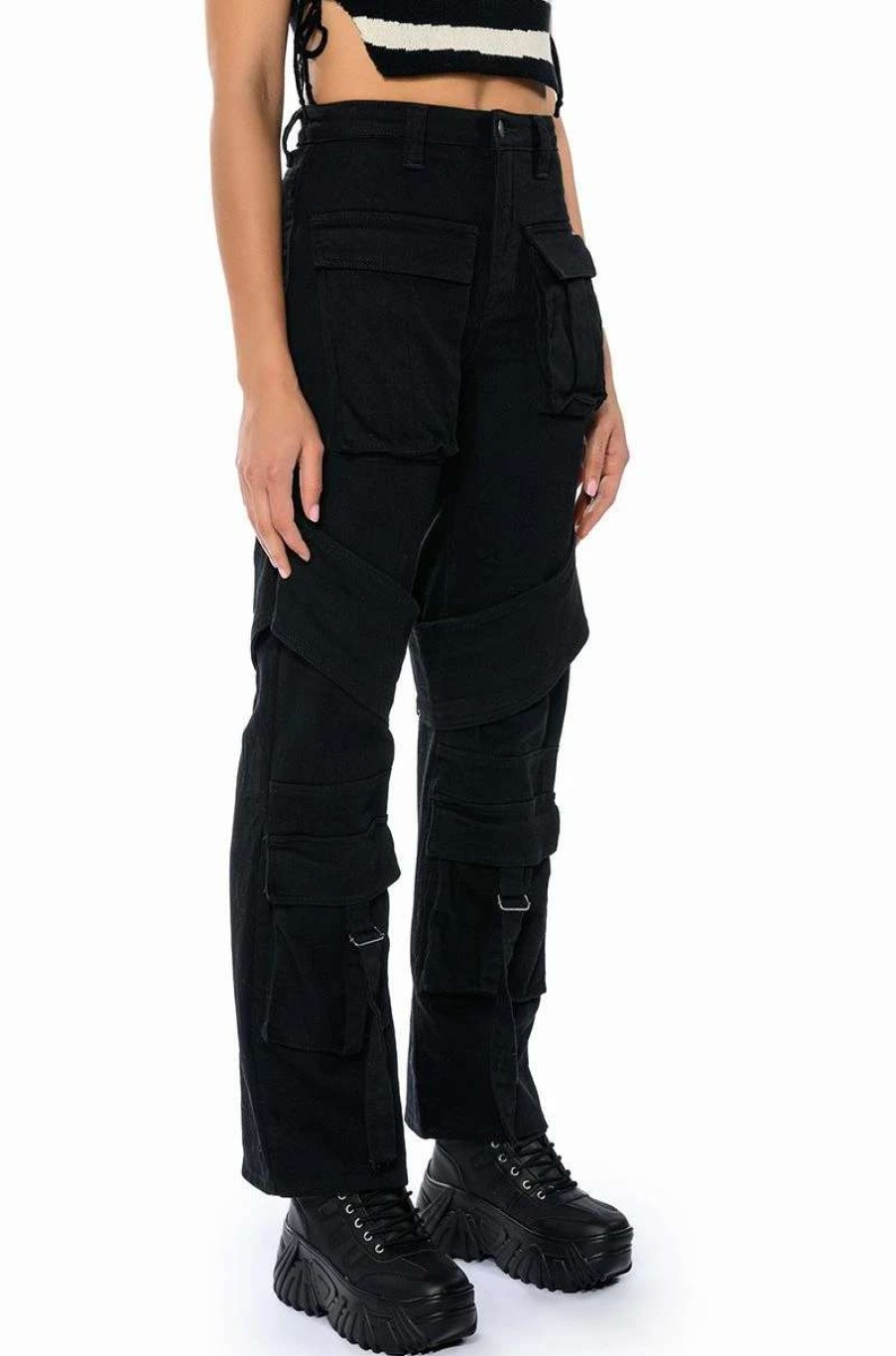 Denim * | Too Cool Cargo High Waisted Jeans Black