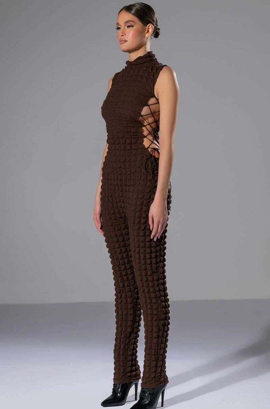 Rompers & Jumpsuits * | Dream Lover Textured Lace Up Jumpsuit Brown