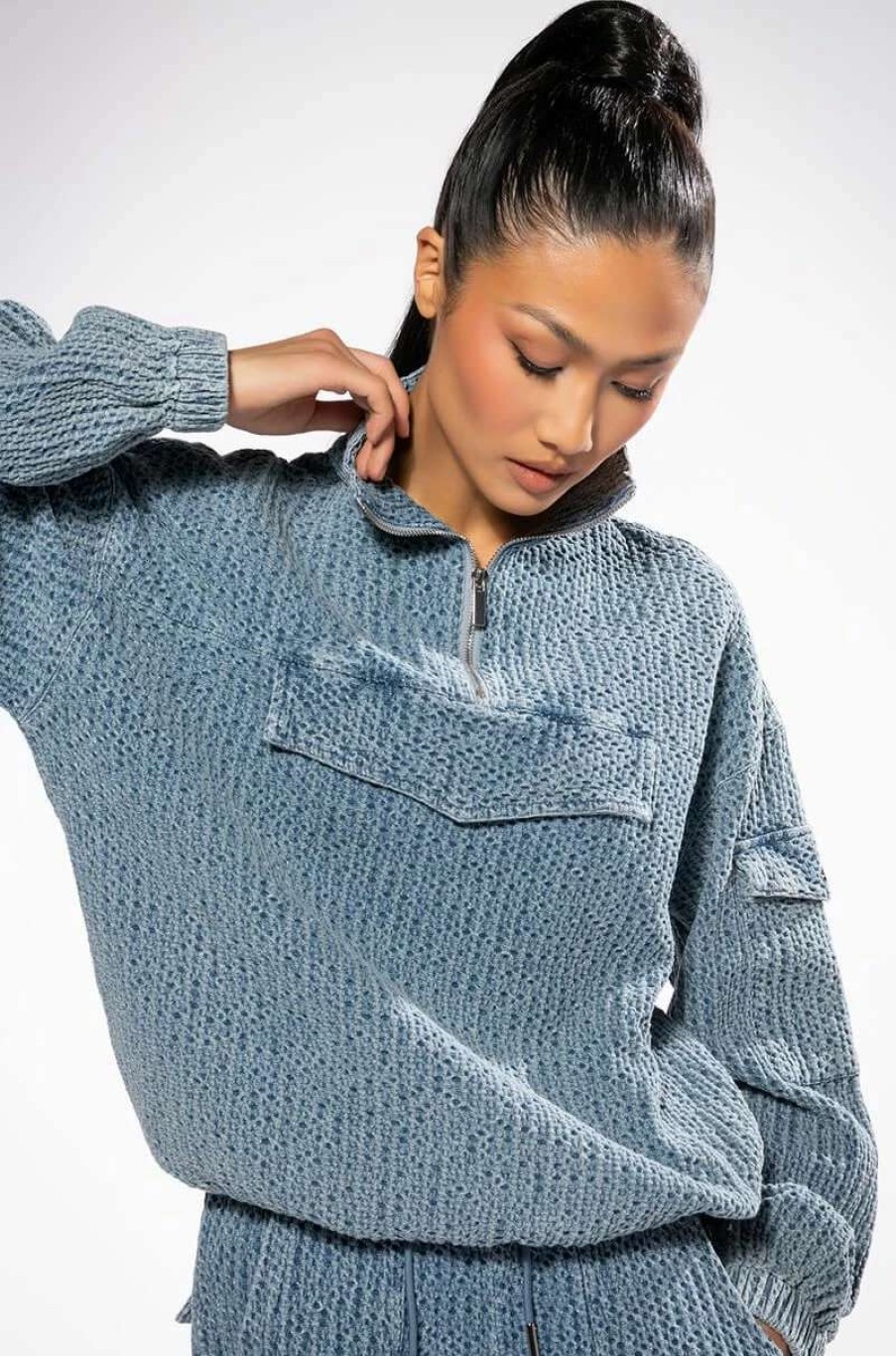 Two Piece Sets * | Monte Cozy Pocket Detail Half Zip Sweatshirt Light Blue