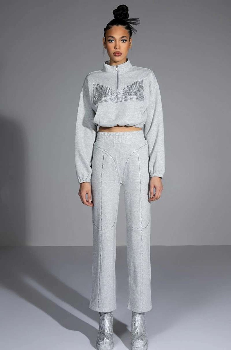 Two Piece Sets * | Dripping Jewels Rhinestone Sweatpant Heather Grey