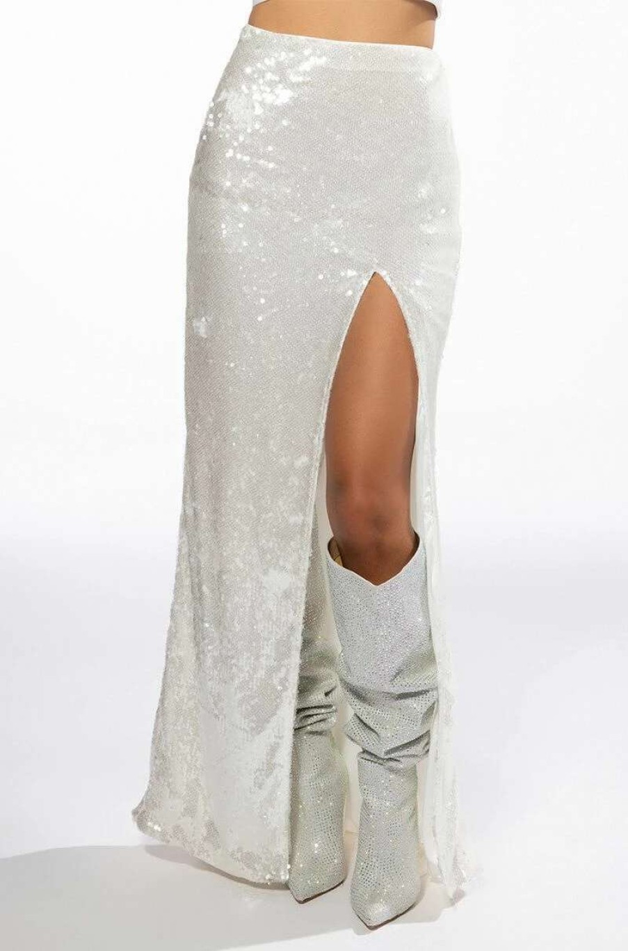 Two Piece Sets * | Resolutions Sequin Slit Maxi Skirt White