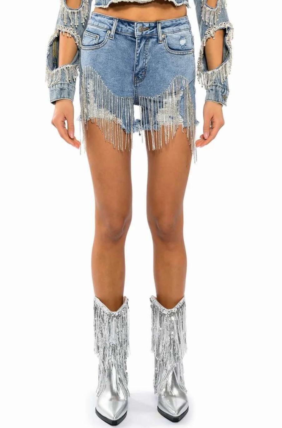 Denim * | Fresh Out The Runway Rhinestone Denim Short Light Blue