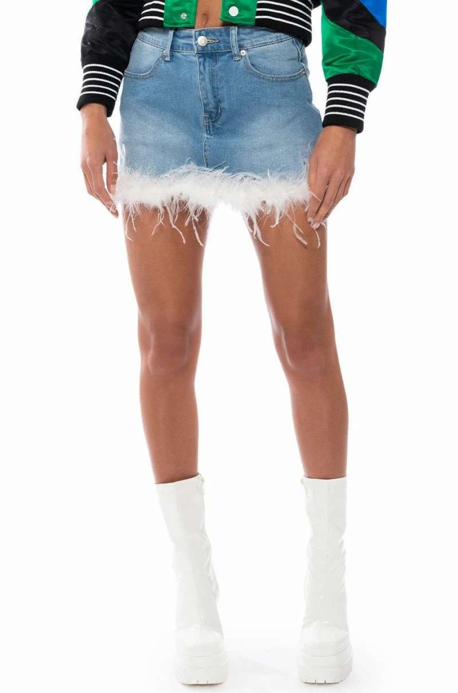 Denim * | Sweetheart Feather Detail Denim Mini Skirt Medium Blue Denim