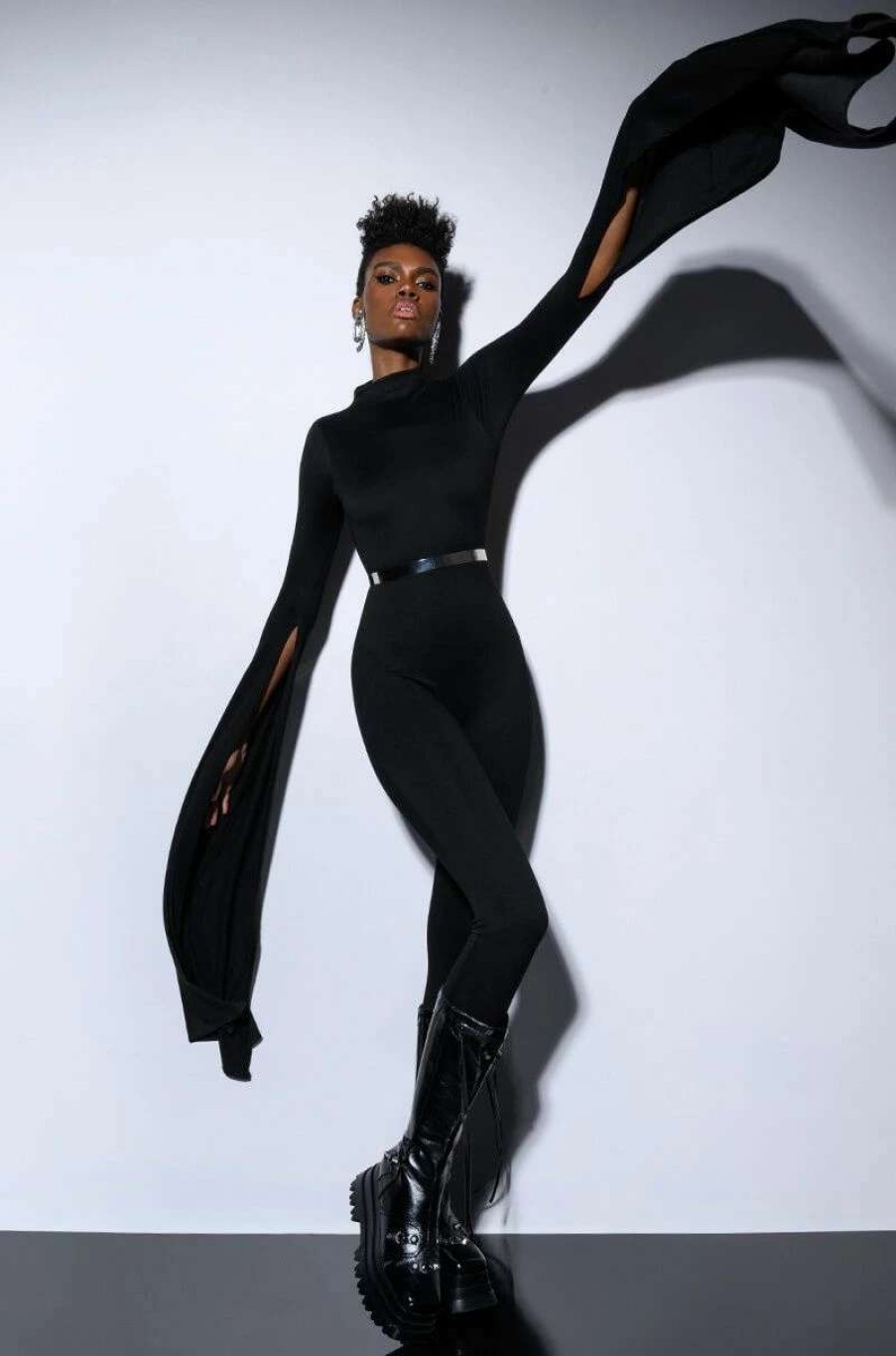 Rompers & Jumpsuits * | On Top Dramatic Sleeve Catsuit Black