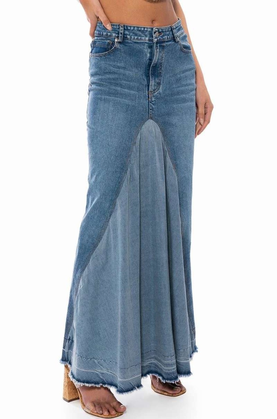 Denim * | Added Flare Front Pleat Maxi Skirt Light Blue Denim