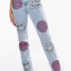 Denim * | Smiley Faces Rhinestone High Rise Straight Leg Jeans Light Blue Denim