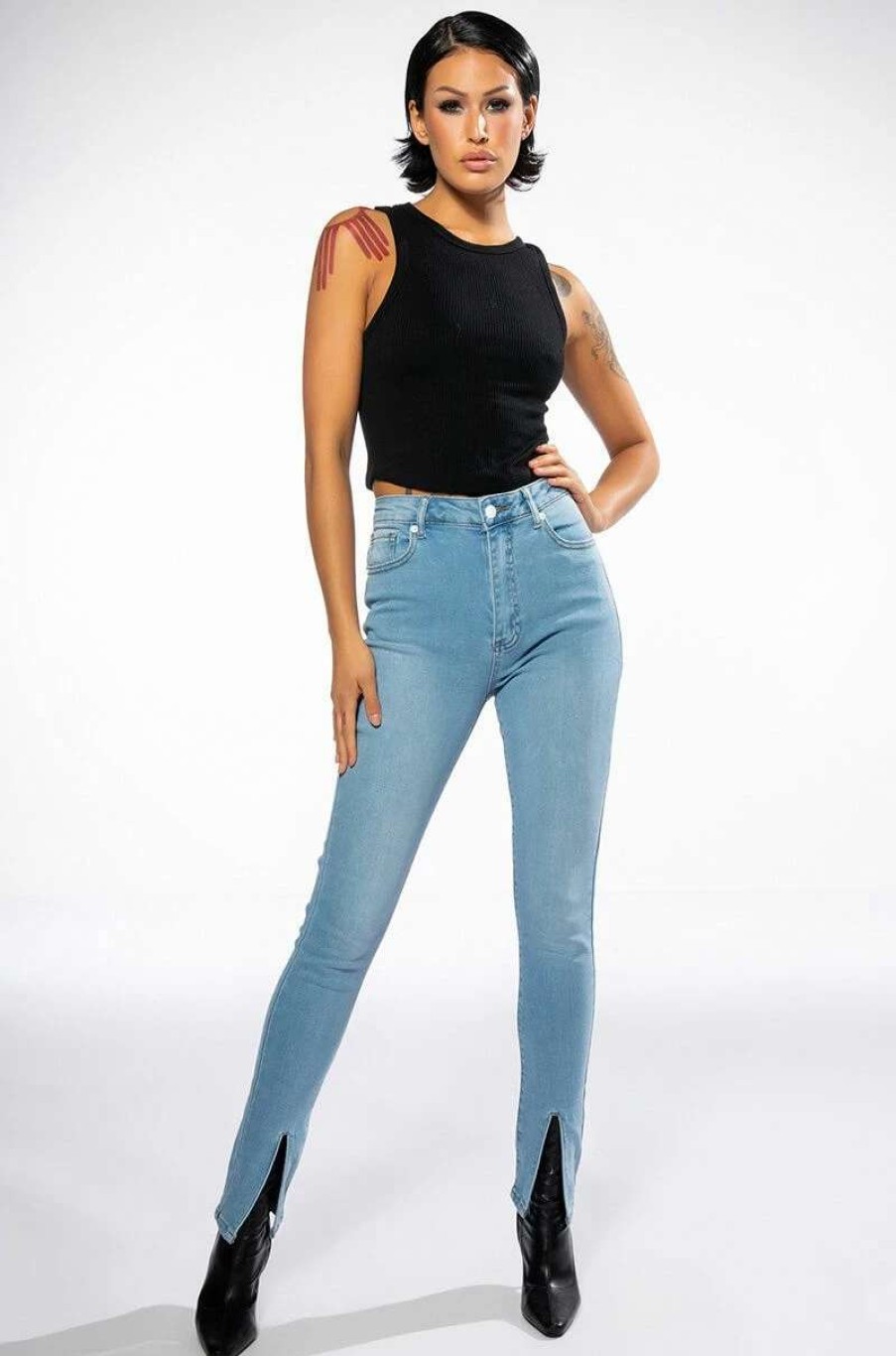 Denim * | Nightfall Mid Rise Skinny Jeans With Front Slit Light Blue Denim