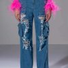 Denim * | Ivy Distressed Cargo High Waisted Jeans Medium Blue Denim