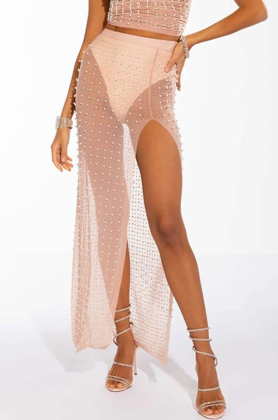 Two Piece Sets * | Disco Doll Embellished High Slit Mesh Maxi Skirt Light Brown