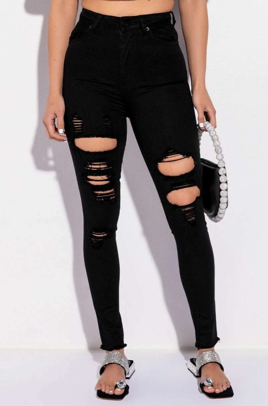 Denim * | Sandy High Waisted Destroyed Frayed Skinny Jean Black